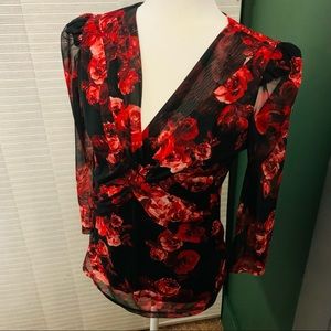 Inc sheer mesh rose print top